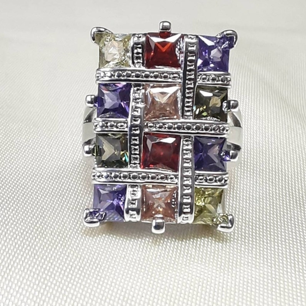 Vintage Sterling Silver & Natural Multi Stone Tourmaline Statement Ring S-8